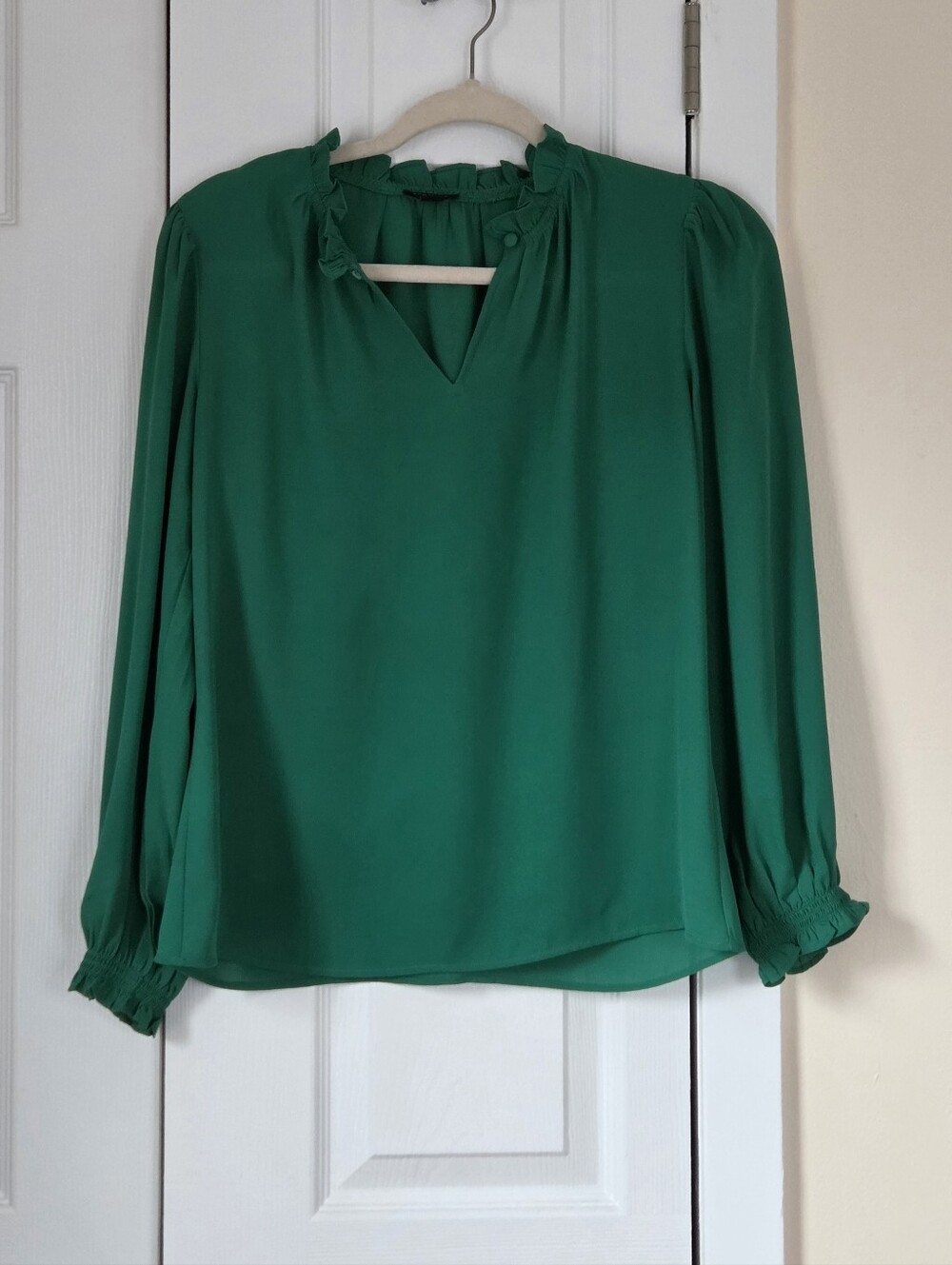 Ann Taylor Factory Green Long-Sleeve Ruffle-Neck Blouse
